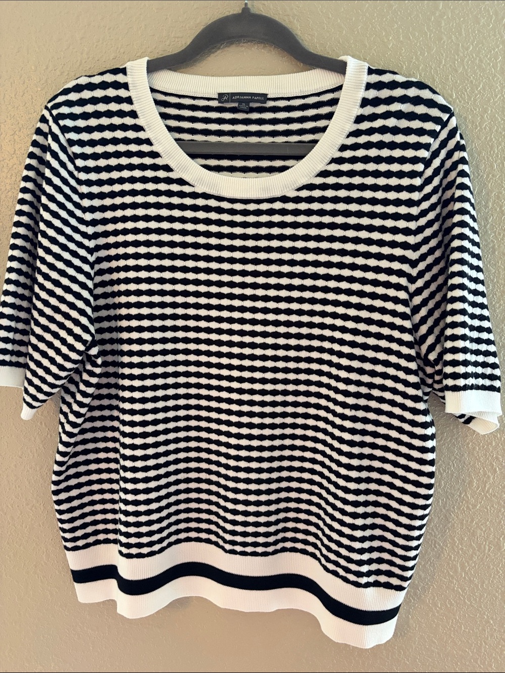 Adrianna Papell Black and White Striped Short-Sleeve Knit Top - Picture 2 of 11